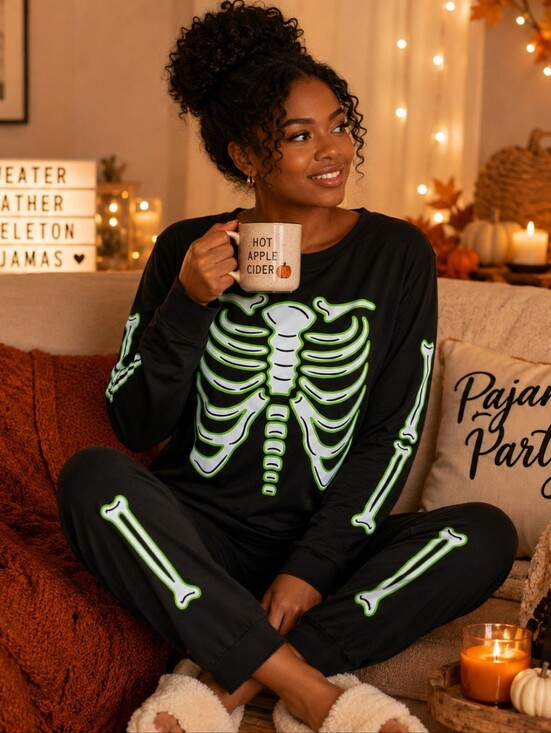 Other - NWT Skeleton Halloween Pajama Set Black Neon Green Spooky PJs